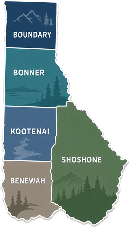 Map of the five North Idaho panhandle counties we serve: Boundary, Bonner, Kootenai, Benewah, and Shoshone