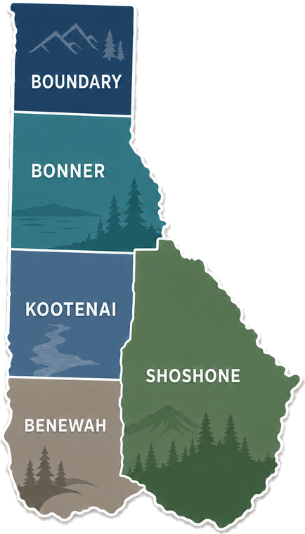 Map of the five North Idaho panhandle counties we serve: Boundary, Bonner, Kootenai, Benewah, and Shoshone